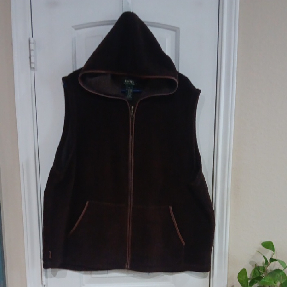 Lauren Ralph Lauren Brown Hooded Rayon Poly Fleece Vest